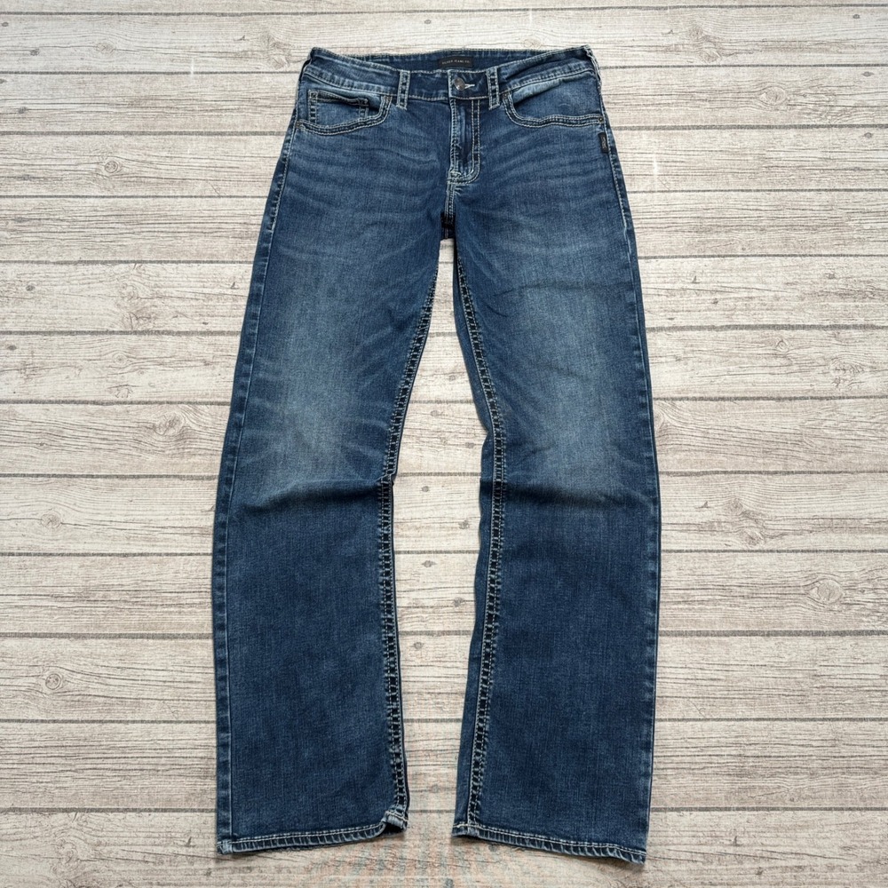 Silver Jeans Mens 32x34 Blue Denim Zac Straight Leg Relaxed Fit Whiskered Cotton